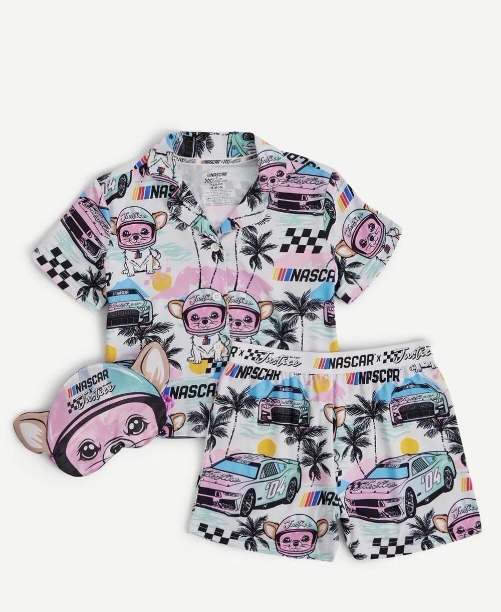 NWT! NASCAR + Justice Girls S (7/8) Pajama Lounge 3pc Short Shirt Mask Sleep Set